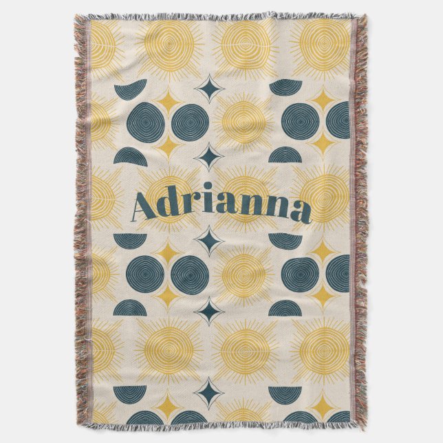 Manta Boho Sun Moon Stars Blue Yellow Personalizado (Frente vertical)