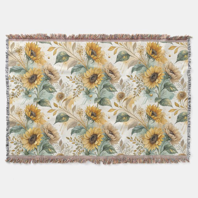 Manta Boho Sunflowers Watercolor Gold (Anverso)