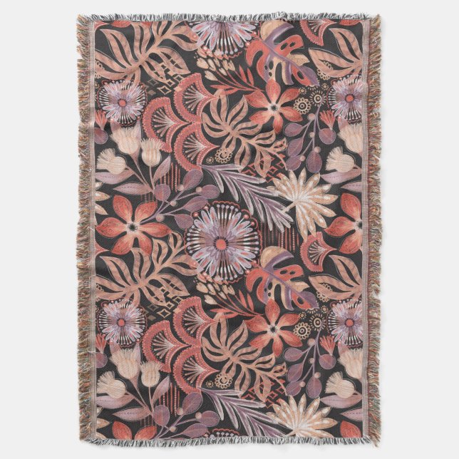 Manta Boho Terracotta Floral Pattern Throw Blanket (Frente vertical)