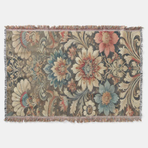 Manta Brocade de flores de época ornada en tonos cálidos