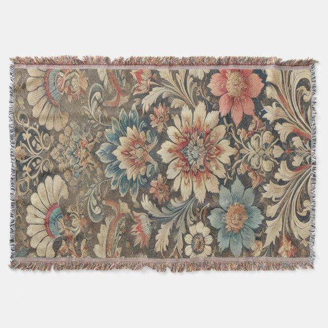 Manta Brocade de flores de época ornada en tonos cálidos (Anverso)