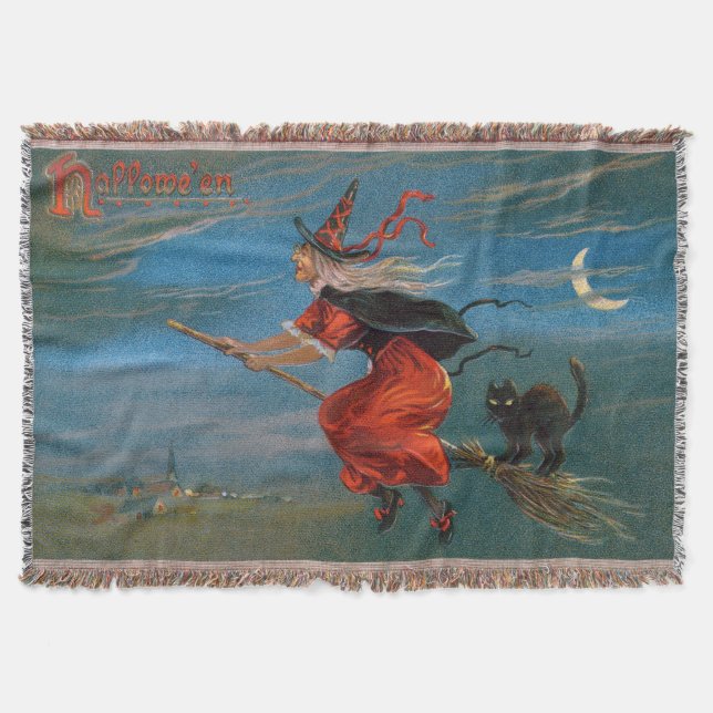 Manta Bruja volando con gato negro en la noche de Hallow (Anverso)