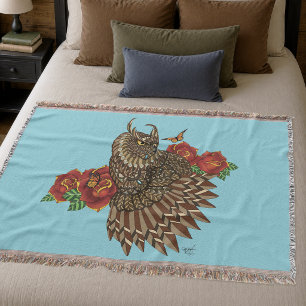 Manta Búho decorativo marrón ornamentado Rosas rojas Azu