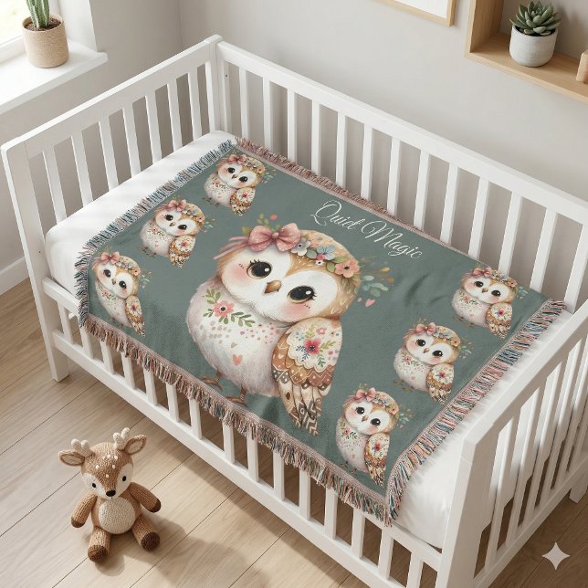 Manta Búho Floral Adorable con Lazo (Cute Floral Owl with Bow Throw Blanket On Toddler Bed)
