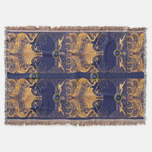 Manta Buque antiguo, delfines, oro, azul marino