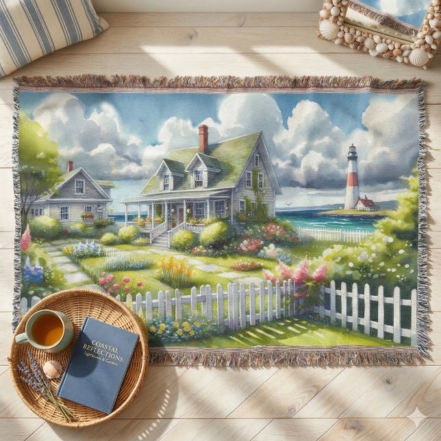 Manta Cabaña con vista al faro (Cottage With View Of The Lighthouse Throw Blanket On Wood Floor)