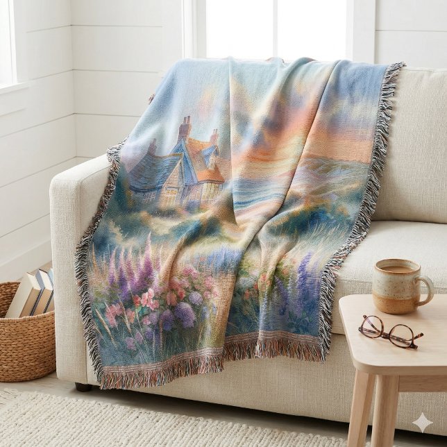 Manta Cabaña Costera Atardecer Dunas Acuarela (Coastal Cottage Sunset Dunes Watercolor Throw Blanket)