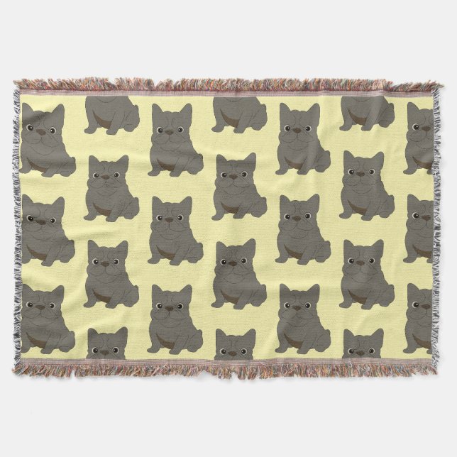 Manta Cachorro francés azul bebé, funda de cojín amarill (Anverso)