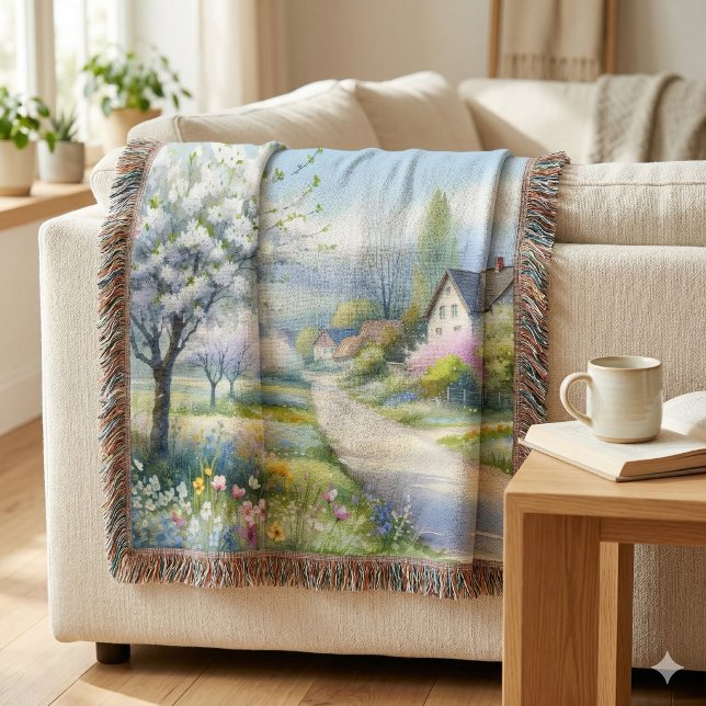 Manta Calle del País de la Flor Encantada (Enchanted Blossom Country Lane Throw Blanket Over Sofa Arm)