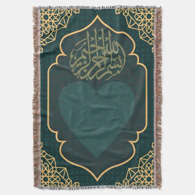 Manta Calligraphy Heart Teal Gold Woven  (Frente vertical)