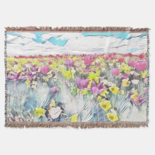Manta Campo amarillo rosa del dibujo retro de tulipanes