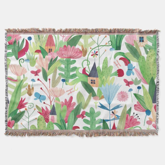 Manta Campos Florales: Patrón de casas acuarelas (Anverso)