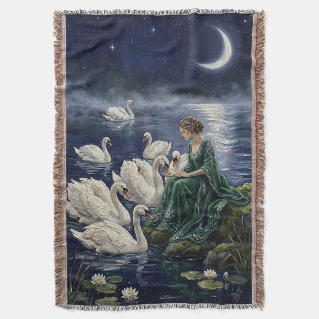 Manta Celtic Swans Moonlit Lake Night Fantasy Art (Frente vertical)