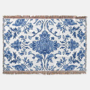 Manta Chinoisería Floral Azul Acuarela Blanca