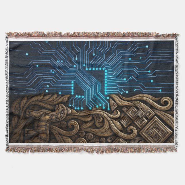 Manta Circuitos Azules en Madera Tribal (Anverso)