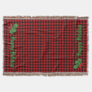 Manta Clásico navideño Cuadro rojo Acebo bayas hojas