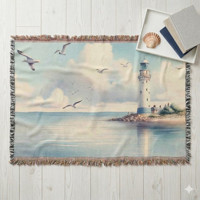 Manta Coastal Lighthouse Seagulls Pastel Sky Serenity (Coastal Lighthouse Seagulls Pastel Sky Serenity Throw Blanket On Floor)