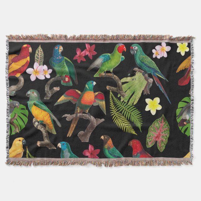 Manta Coloridos loros tropicales, hojas y flores (Anverso)