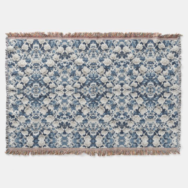Manta con estampado de damasco floral azul (Anverso)