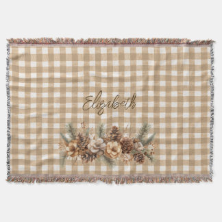 Manta Conos de pino de otoño rústicos con gingham marrón
