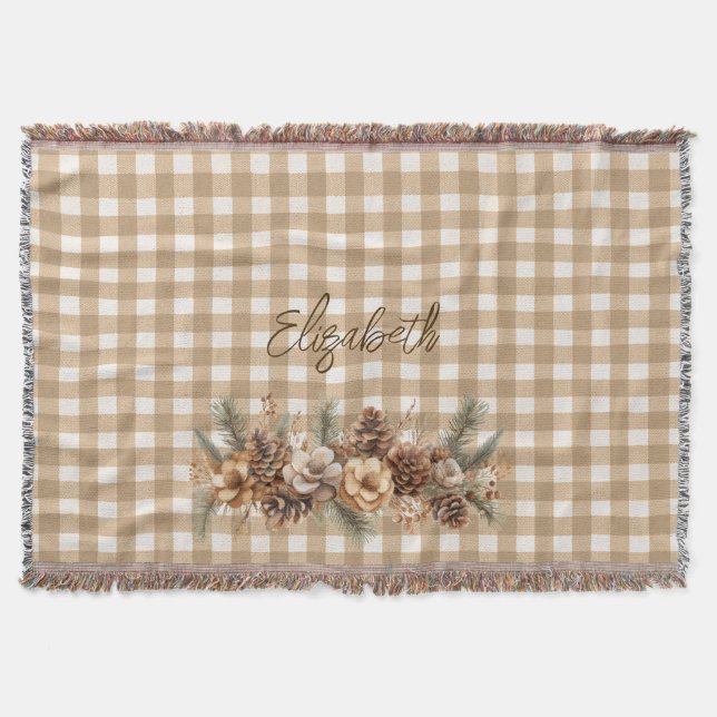 Manta Conos de pino de otoño rústicos con gingham marrón (Anverso)