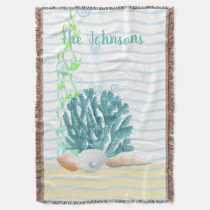 Manta Coral azul, conchas marinas y Cojín decorativo per
