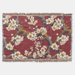 Manta Coral Crema Flor de Ciruelo Japonés Patrón Burgund