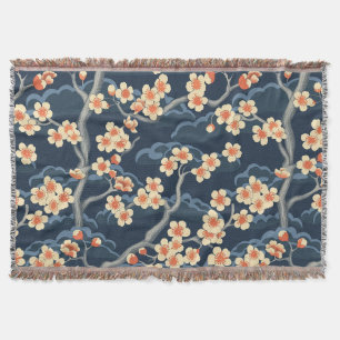 Manta Coral de Crema Sakura Azul Marino Patrón Floral