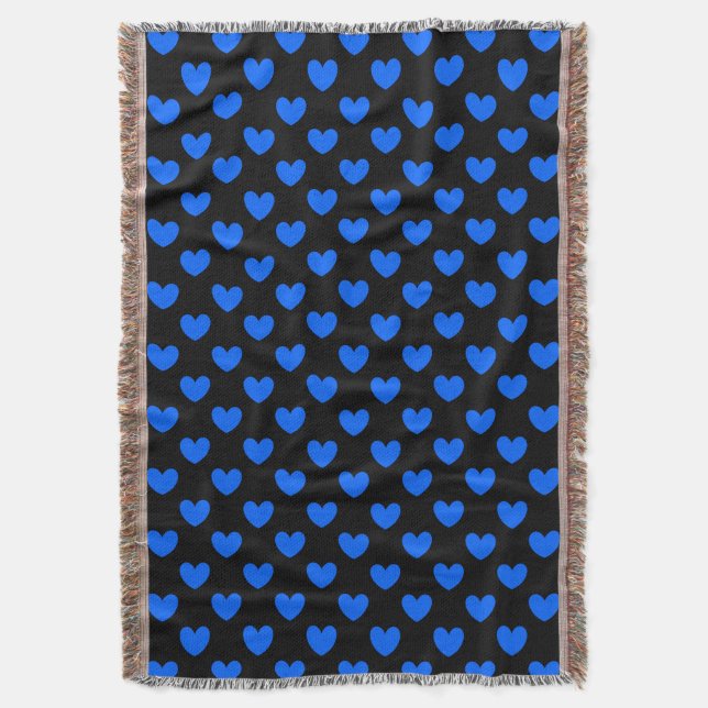 Manta Corazones de polka azul sobre negro (Frente vertical)