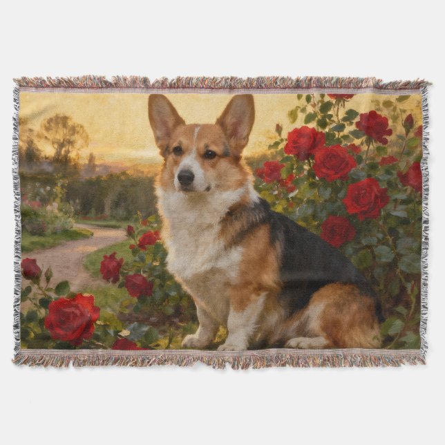 Manta Corgi in the Roses II Throw Blanket (Anverso)