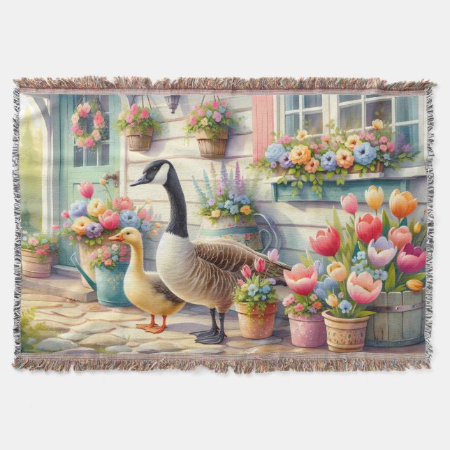 Manta Cottage Garden Geese Spring Illustration (Anverso)