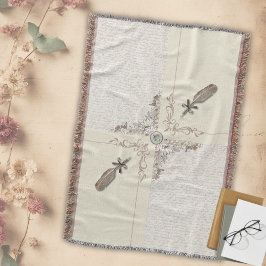 Manta Cozy Aged Ivory Vintage Manuscript Woven Fringe