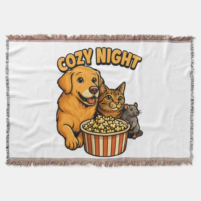 Manta Cozy Night Movie Time – Cute Dog,Cat,Mouse Popcorn (Anverso)
