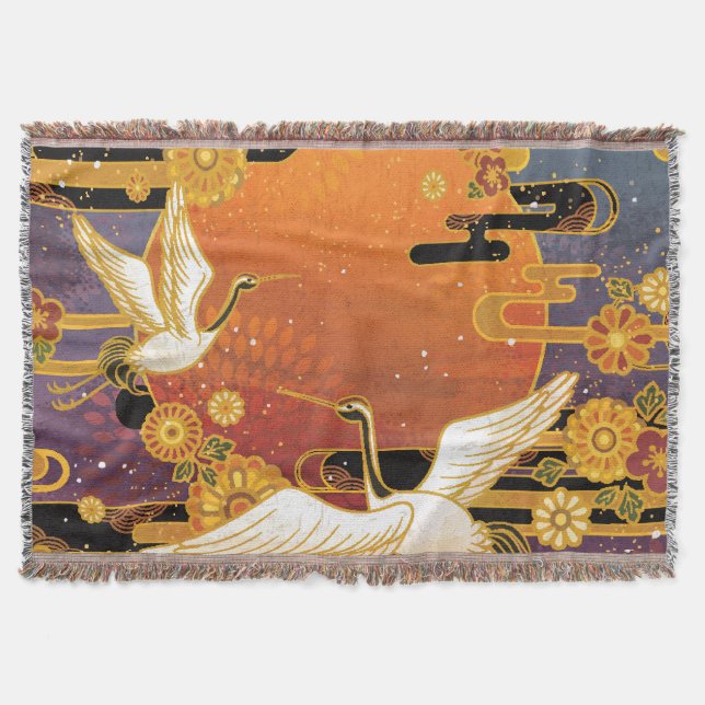 Manta Crane Bird Chrysanthemum Patrón japonés (Anverso)