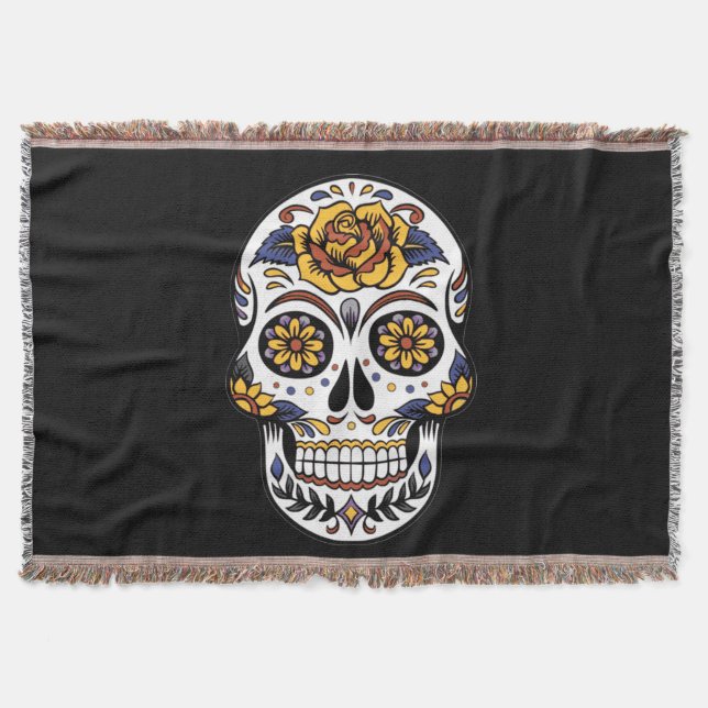 Manta Cráneo de azúcar rosa amarillo en negro (Anverso)