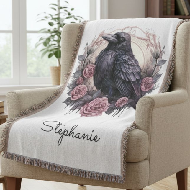 Manta Cuervo Gótico Academia Oscura Floral Rosa (Gothic Black Raven throw blanket)