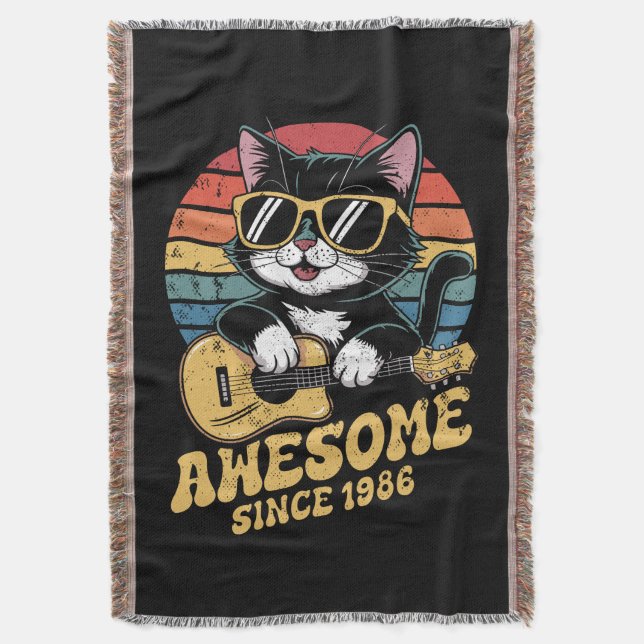 Manta Cumpleaños Retro Gato Amante Ukulele 40 Cumpleaños (Frente vertical)