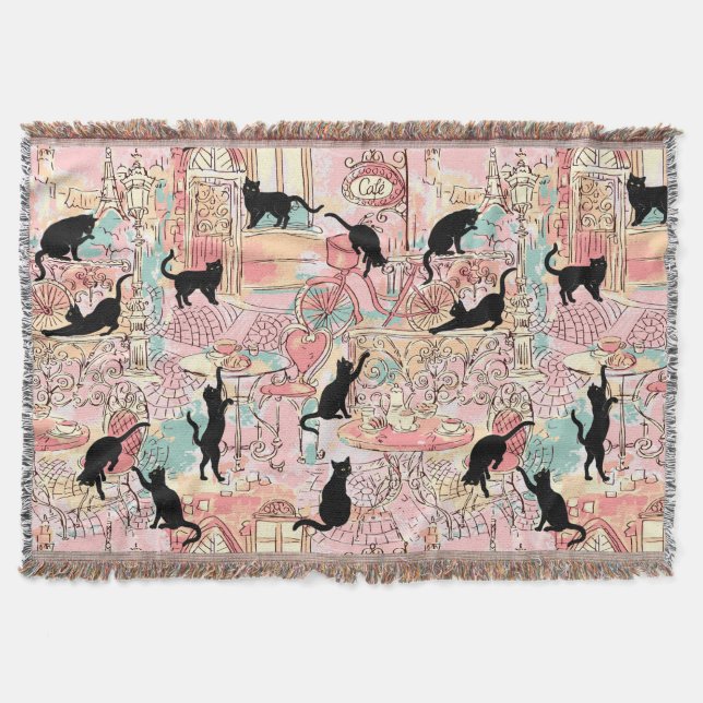 Manta Cute acuarela moderna Paris Cafe Cat Pattern (Anverso)