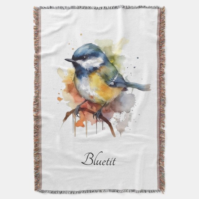 Manta Cute Bluetit en una sucursal, personalizado (Frente vertical)