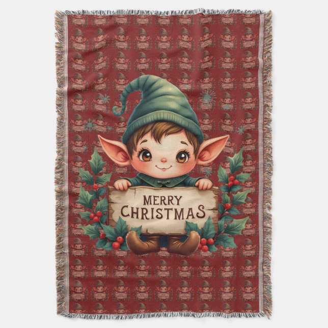 Manta Cute Christmas Elf Holding Merry Sign Red (Frente vertical)