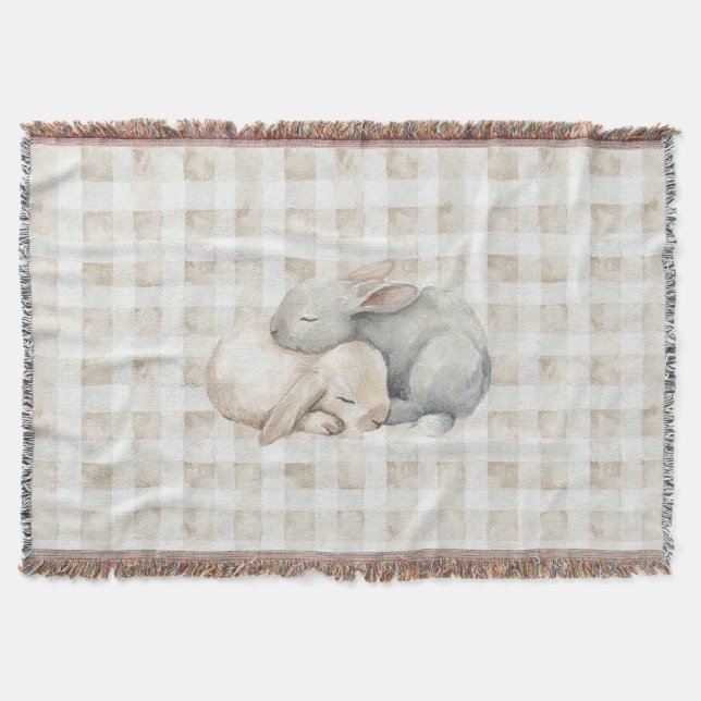 Manta Cute Cream Grey Sleeping Bunnies Plaid (Anverso)