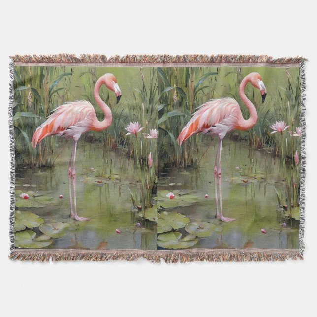 Manta Cute Flamingo Water Lilis And Reeds Oil Pinting, (Anverso)