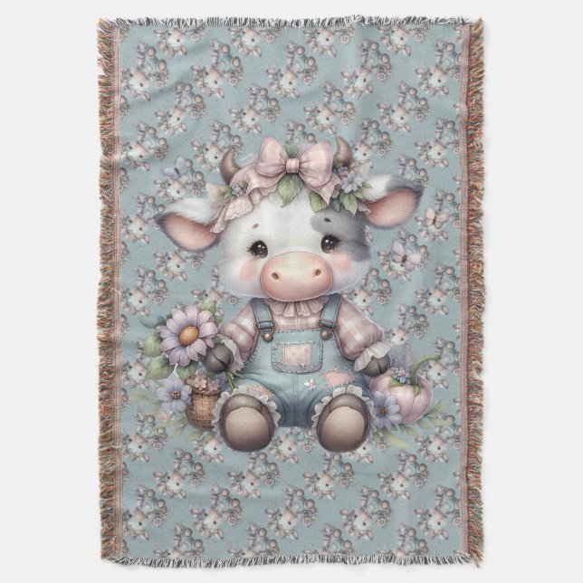 Manta Cute vaca pastel en los overoles con flores (Frente vertical)