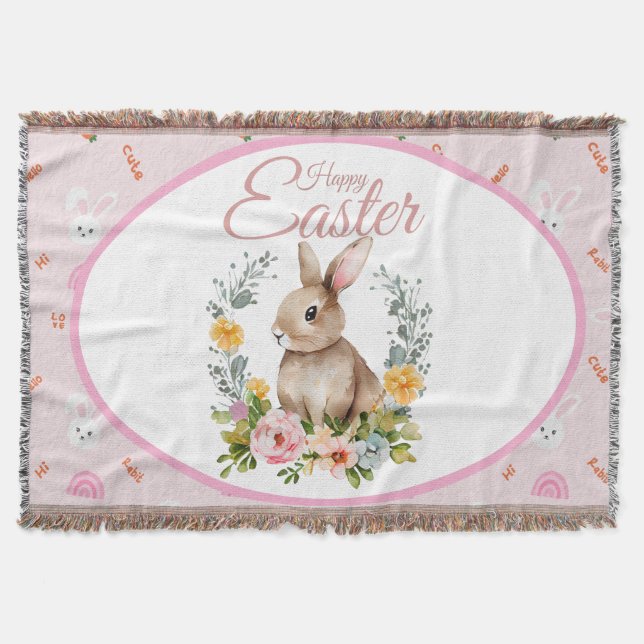 Manta Cute Watercolor Bunny Floral Wreath Easter (Anverso)