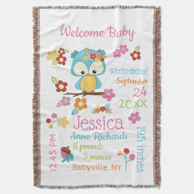 Manta Cute Woodland Owl Baby Girl Record Stats (Frente vertical)