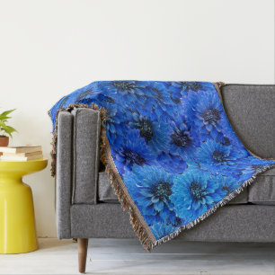 Manta Dahlias en azul real - diseño floral,