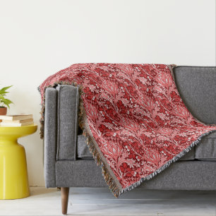 Manta Damasco de William Morris, rojo oscuro y blanco