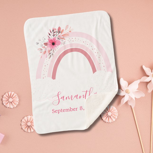 Manta de bebé Sherpa floral arcoíris boho rosa (Personalized Pink Rainbow Boho Floral Sherpa Baby Blanket. Great gift for the new baby girl.)