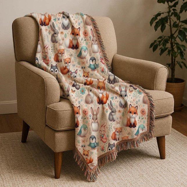 Manta de guardería boho acuarela de zorro de bosqu (Woodland Fox Bunny Watercolor Boho Nursery Blanket)