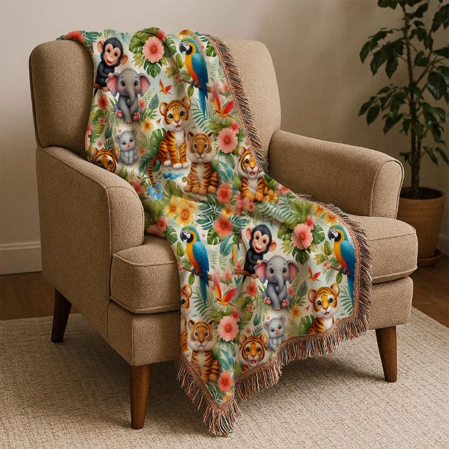 Manta de lanzamiento de animales de la selva tropi (Baby Jungle Animals Tropical Kids Throw Blanket)